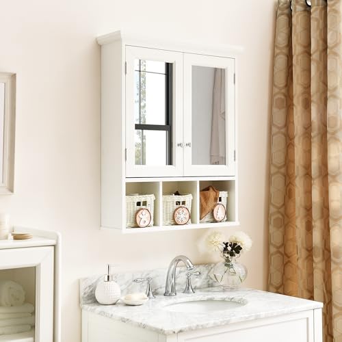 Bathroom Medicine Cabinet with Mirror Doors, Wall Mounted Cabinet with 2 Adjustable Shelves and 3 Storage Baskets, Over The Toilet Wall Cabinet for Bathroom, Laundry Room, Kitchen