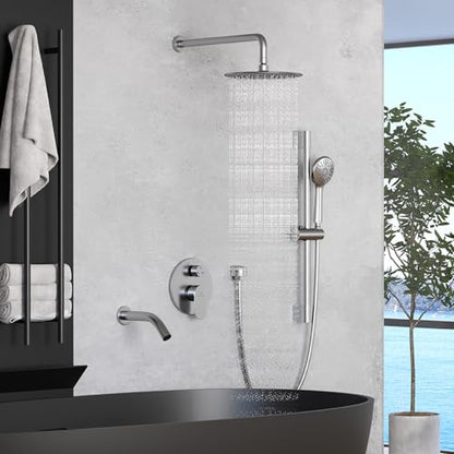 MONDAWE 9 Inch Wall Mounted Shower Faucet Set with Tub Spout in Brushed Nickel, Rainfall Shower Head with 3-Setting Handheld Spray Shower Combo, High Pressure Shower System with Solid Brass Valve - color: Brushed Nickel, style: 9 IN - With Tub Spout
