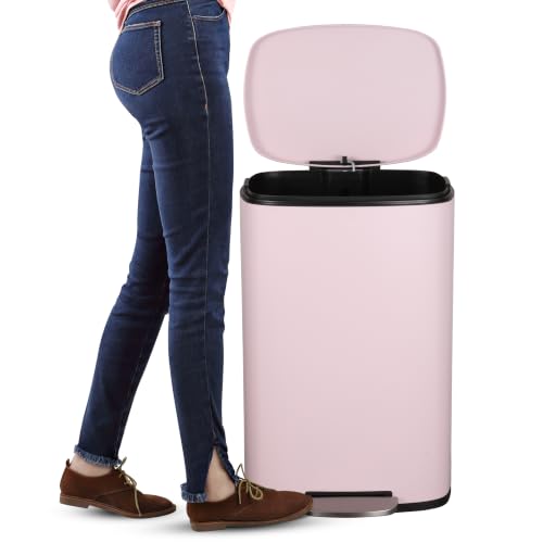 happimess Connor 2-Piece Iron Trash Can, Blush Pink | 13.2 And 1.3 Gallons, Rectangular, Soft-Close Lid, Step Pedal, 20 Liners, 26" And 12" Height - color: Blush Pink