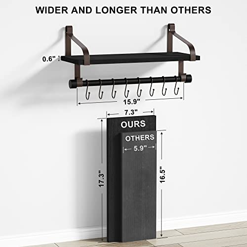 Love-KANKEI 17.3" Floating Wall Shelf Wood/Bracket,Coffee Bar,Black/Brown | Spice Rack,Towel Bar/8 Hooks,40 Lbs/shelf,Easy to Install,For Kitchen,Bathroom,Living Room,Bedroom,Office,Entryway Display - color: Black/Brown