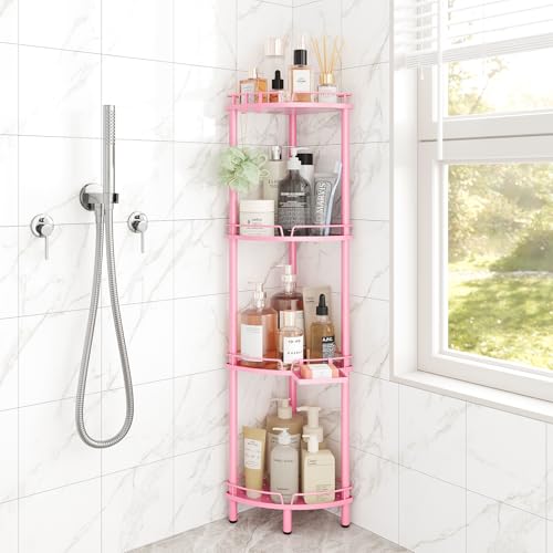 ELYKEN Corner Shower Caddy Standing, 4 Tier Metal Shower Organizer, Pink | Stainless Steel Shower Shelves with Soap Holder, Adjustable Feet & 2 Hooks for Storing Bath Essentials in Bathroom corner - color: Pink, size: 4 Tier