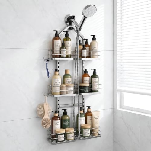 3-Tier Adjustable Hanging Shower Caddy for Handheld Showerhead, Silver | Rustproof Shower Rack Baskets, Anti-Swing Hanging Shower Organizer for Bathroom Storage with 2 S-Hooks, Large Capacity - color: 3-Tier Silver