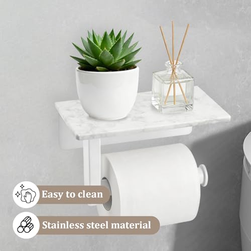 Toilet Paper Holder with Natural Marble Shelf, Wall Mounted Tissue Holder, Modern and Durable Bathroom Accessory for Bathroom Washroom (White) - color: White