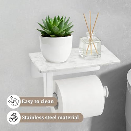 Toilet Paper Holder with Natural Marble Shelf, Wall Mounted Tissue Holder, Modern and Durable Bathroom Accessory for Bathroom Washroom (White) - color: White