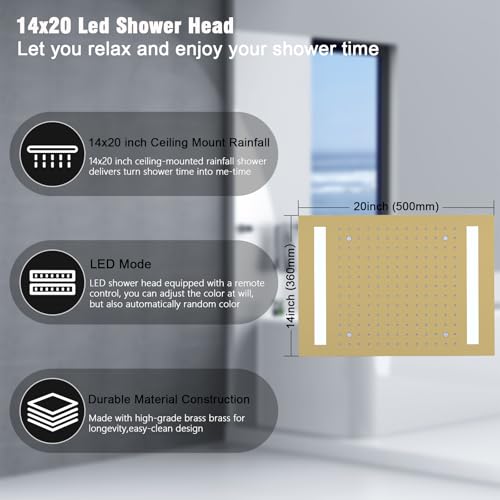 Thermostatic Shower System with 14x20 Inch Ceiling Mount LED Head & 6 Inch Wall Head and Handheld Shower 4 Function Vale with body jets Can All Run Together,Brushed Gold - color: Brushed Gold, style: 14x20 led+6 jets