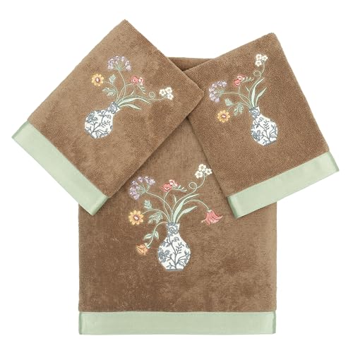 Floret 3-Piece Towel Set, Applique Flower & Vase Design, 100% Turkish Cotton, Ultra Absorbent & Soft, Cottage Style Decor, 1 Bath 2 Hand Towels, Cocoa - color: Cocoa, size: 1 Pc Bath 2 Pcs Hand Towel