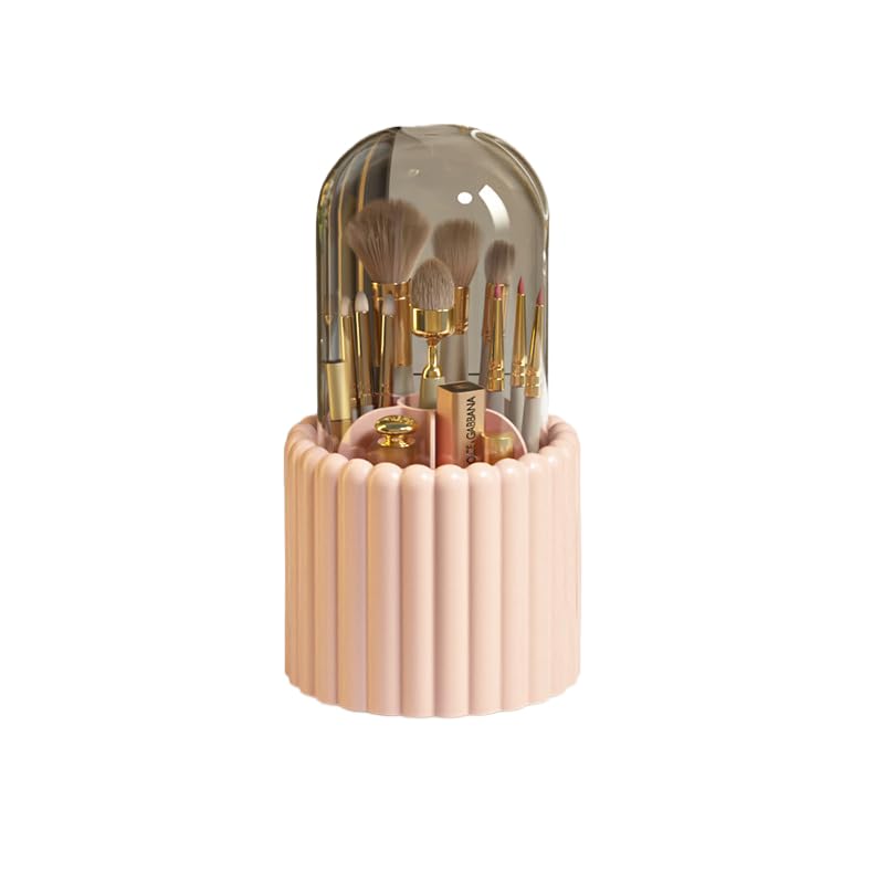 Makeup Brush Holder with Dustproof Lid, 360 Rotating Makeup Organizer for Vanity, 7 Slots Large Capacity Spinning Cosmetic Brushes Storage Box for Dresser, Bathroom Countertop, Pink
