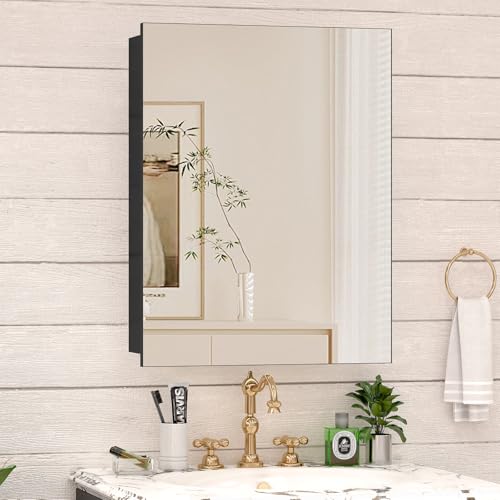 24 x 32 Farmhouse Medicine Cabinet for Bathroom, Black Bathroom Mirror with Storage, Tempered Glass, Frameless Recessed or Wall Mount Aluminum Medicine Cabinet - Pre-Assembled - color: Black, size: 24 x 32 IN