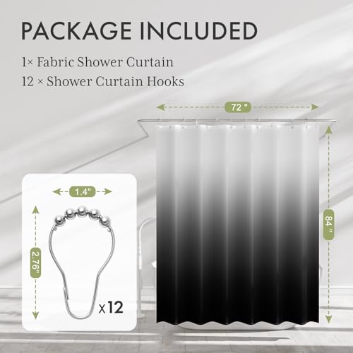 AmazerBath Shower Curtain, Ombre Black Fabric Shower Curtain Set with 12 Hooks, Farmhouse Cloth Black and White Shower Curtain, Washable Bathroom Shower Curtain Sets, 72x84 Inches - color: A- Black Ombre +12 Metal Hooks, size: 72"W x 84"L (Pack of 1)