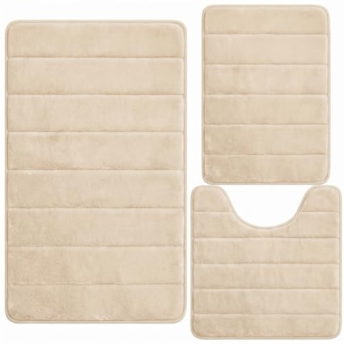 Bathroom Rugs Set 3 Piece, Memory Foam Bath Rugs, Non Slip Washable Bathroom Rug Set, Extra Soft Absorbent Bath Mats with U-Shaped Toilet Rug, Camel - color: Camel