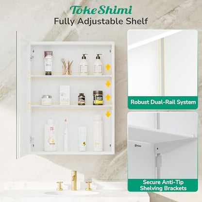 16 x 20 Mirrored Medicine Cabinet, Tempered Beveled Mirror, White Medicine Cabinet with Mirror, Assembly Required, Stepless Adjustable Shelves, Recessed/Wall Mount