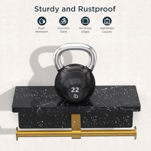 FORIOUS Toilet Paper Holder with Shelf, Commercial Toilet Paper Dispensers | Brushed Gold | Wall Mount Bathroom Tissue Holder | SUS304 Stainless Steel Rustproof | Double Tissue Roll Holder - color: Black & Gold-marble