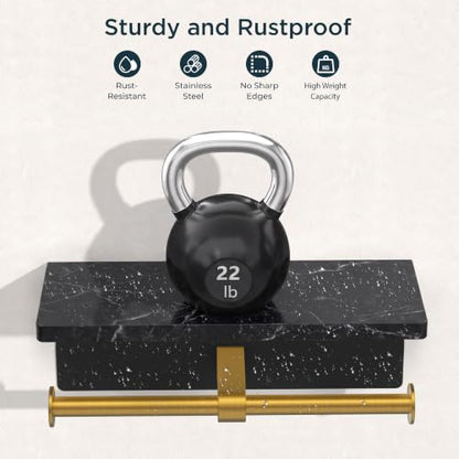 FORIOUS Toilet Paper Holder with Shelf, Commercial Toilet Paper Dispensers | Brushed Gold | Wall Mount Bathroom Tissue Holder | SUS304 Stainless Steel Rustproof | Double Tissue Roll Holder - color: Black & Gold-marble