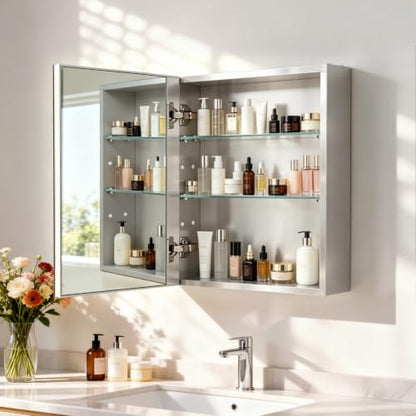 Bathroom Medicine Cabinet,Double-Sided Mirror Door(15.9 x 20) | Silver Aluminium Frame, Lightweight, Sturdy,Attractive,Simple Wall-Mounted,Adjustable Shelves,Tempered glass - size: 15.9"x 20"