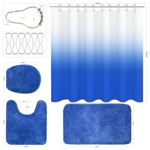 Shower Curtain Sets with Rugs and Adjustable Toilet Seat Cover | 4 Pcs Light Blue Bathroom Sets with Shower Curtain and Rugs and Microfiber Toilet Lid Cover - color: Light Blue