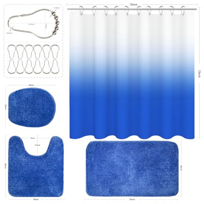 Shower Curtain Sets with Rugs and Adjustable Toilet Seat Cover | 4 Pcs Light Blue Bathroom Sets with Shower Curtain and Rugs and Microfiber Toilet Lid Cover - color: Light Blue