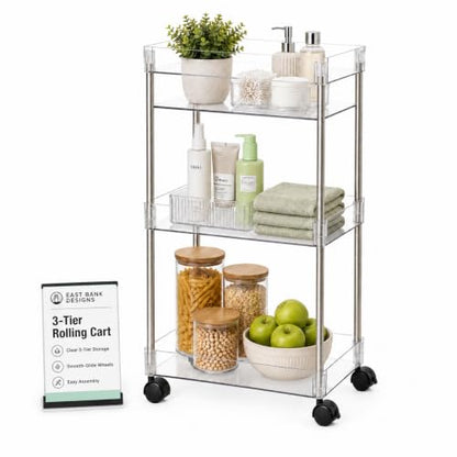 American Dream Acrylic 3-Tier Rolling Cart with Wheels, Chrome & Clear Utility Storage Trolley, Mobile Organizer for Kitchen, Bathroom & Office - size: Large