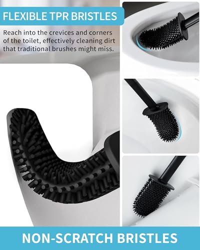 MR.SIGA Toilet Brush and Holder Set, Wall Mounted Toilet Bowl Brush, Black | Space saving design, flexible thermoplastic rubber bristles, easily cleans hard to reach areas, pack of 2 - color: Black