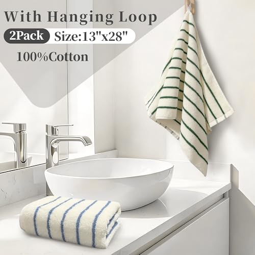VOOVA & MOVAS Striped Kitchen Towels 2 Pack, 100% Cotton, 13x28 in | Multi-Purpose for Kitchen & Bathroom, Hanging Loop, 420GSM Medium Weight, Ultra Absorbent & Soft, Blue & Green Stripes - color: Green Blue Stripe