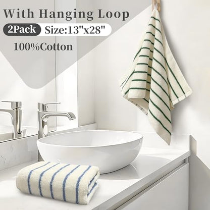 VOOVA & MOVAS Striped Kitchen Towels 2 Pack, 100% Cotton, 13x28 in | Multi-Purpose for Kitchen & Bathroom, Hanging Loop, 420GSM Medium Weight, Ultra Absorbent & Soft, Blue & Green Stripes - color: Green Blue Stripe