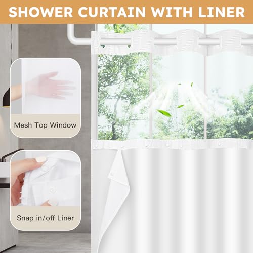 FADOTY White No Hook Shower Curtain Set with Snap in Liner, 71'' x 74'' | Bathroom Hotel Fabric Curtain, Waterproof Washable Liner, See Through Top Window, Ringless Chevron Tufted Cloth Curtain - color: White, size: 71"W x 74"L (Pack of 1)