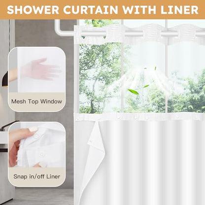 FADOTY White No Hook Shower Curtain Set with Snap in Liner, 71'' x 74'' | Bathroom Hotel Fabric Curtain, Waterproof Washable Liner, See Through Top Window, Ringless Chevron Tufted Cloth Curtain - color: White, size: 71"W x 74"L (Pack of 1)