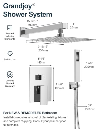 10" Shower System, Wall Mount Shower Faucet Set, Polished Chrome | Pressure-Balance Rough-In Valve Included, High Flow Square Rainhead, Stainless Steel Fixture for Bath Remodels - color: Polished Chrome