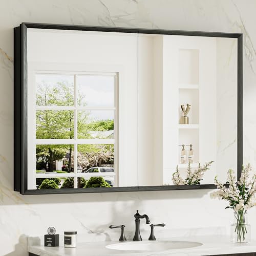TokeShimi 40 x 26 Black Recessed Medicine Cabinet with Mirror, Assembly Required, Bathroom Medicine Cabinet with Mirror, Stepless Adjustable Shelves, Beveled Aluminum Frame, DTC Hinge - color: Black, size: 40x26 in