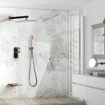 Shower Faucet Set with Tub Spout, Matte Black and Rose Gold Rainfall Shower System Complete Wall Mounted for Bathroom with 10 Inch Square Shower Head and Handheld Shower Head Rain Mixer Combo - color: Matte Black+Rose Gold, style: 10 Inch with Tub Spout