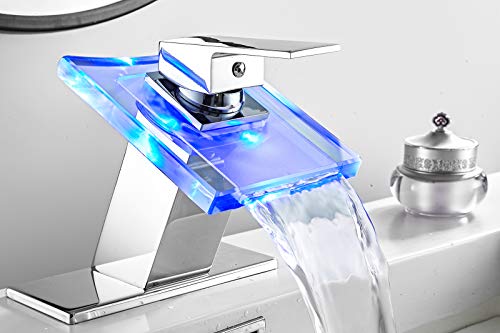 Bathroom Sink Faucet LED Light 3 Colors Changing Waterfall Glass Spout | Chrome, Hot Cold Water Mixer, Single Handle One Hole, Deck Mounted, Lavatory Vanity Basin Bath - color: Chrome, style: with LED Light