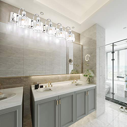 Ralbay Modern LED Crystal Bathroom Vanity Lights 5-Lights Stainless Steel Crystal Vanity Lights Over Mirror Modern Crystal Bathroom Vanity Lighting Fixtures - color: Round-Chrome, size: 5-light
