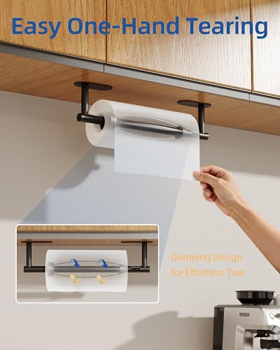 RUACQ Paper Towel Holder Under Cabinet, One Hand Tearing Paper Towel Holder with Damping Effect, Wall Mount & Adhesive Stainless Steel Paper Roll Holder for Kitchen Bathroom (Matte Black) - color: Matte Black, size: One Hand Tear - Oval