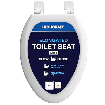 HIGHCRAFT Premium Elongated Toilet Seat with Slow-Close Design, Adjustable Hinges & Quick Removal Mechanism - Molded Wood Toilet Seat - Fits Standard Elongated Toilets - Oval Seat in White - color: White, size: Elongated