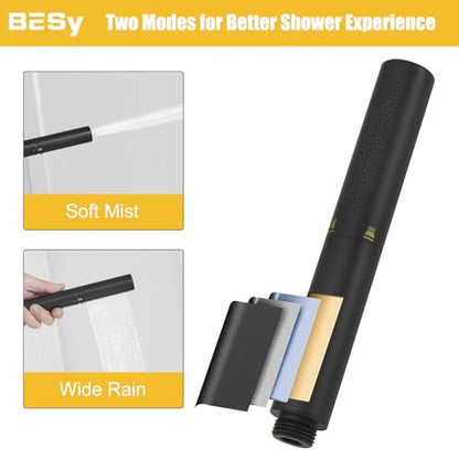 BESy All Metal 10 Inch Square Rainfall Shower Head with 2 In 1 Handheld Spray Combo Shower Sytem Shower Faucet Fixturer Showerhead Rain Set Hand Held Sprayer with Adjustable Slide Bar Brass Black