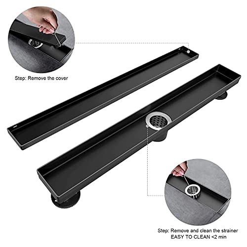 EXF Linear Shower Drain 12 Inch Matte Black with Tileable Cover | 304 Stainless Steel, V-Slope Design, Debris Strainer, Seamless, Adjustable Height - color: Matte Black, size: 12 IN