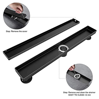 EXF Linear Shower Drain 12 Inch Matte Black with Tileable Cover | 304 Stainless Steel, V-Slope Design, Debris Strainer, Seamless, Adjustable Height - color: Matte Black, size: 12 IN
