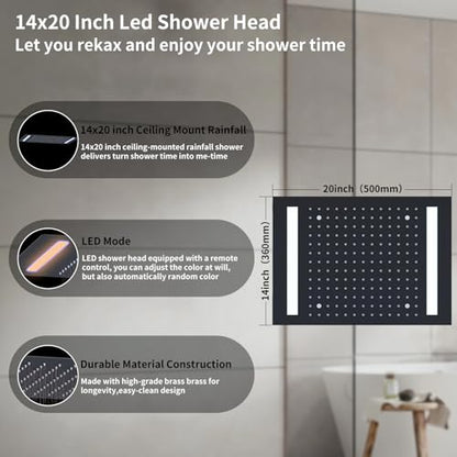 Shower Faucet Set Ceiling 20x14 inch LED Shower Head, Temperature Display Thermostatic Shower Valve, and Two 8-inch Wall Mounted Shower Heads Handheld Combination (Matte Black) - color: Matte Black