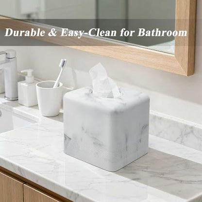 Resin Tissue Box Cover, Modern Square Holder,White | White resin tissue box cover with modern square design and silicone feet for bathroom vanity, office desk, and living room - color: White