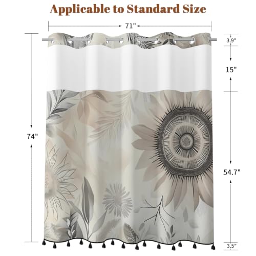 Boho Floral Shower Curtain with Snap in Liner & Tassels, 71x77 Inch | No Hook Needed, Double Layer Waterproof Bath Tub Curtain with Mesh Top, Abstract Botanical Design for Modern Neutral Bathroom - color: Boho Flower