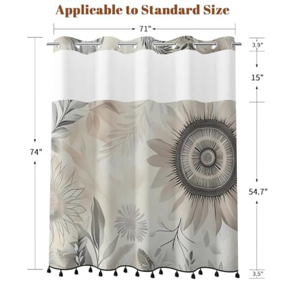 Boho Floral Shower Curtain with Snap in Liner & Tassels, 71x77 Inch | No Hook Needed, Double Layer Waterproof Bath Tub Curtain with Mesh Top, Abstract Botanical Design for Modern Neutral Bathroom - color: Boho Flower