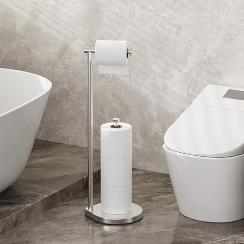 theaoo Heavy-Duty Toilet Paper Holder Stand, Bathroom Storage, Silver | Freestanding Toilet Tissue Paper Roll Holder with Reserve Storage. Stainless Steel Stand For Bathroom, Holds Extra Rolls - color: Silver