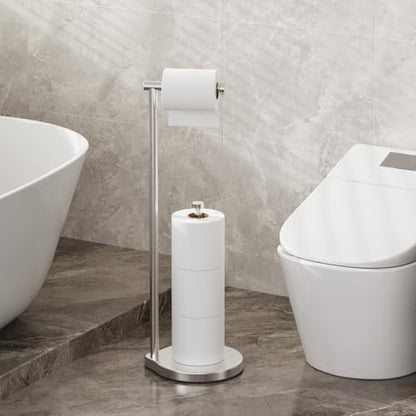theaoo Heavy-Duty Toilet Paper Holder Stand, Bathroom Storage, Silver | Freestanding Toilet Tissue Paper Roll Holder with Reserve Storage. Stainless Steel Stand For Bathroom, Holds Extra Rolls - color: Silver