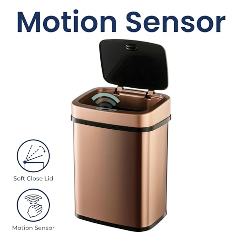 Ninestars 3 Gallon Automatic Trash Can, 12L Touchless Motion Sensor Bathroom or Bedroom Garbage Can with Odor-Sealing Lid, Rectangular Gold Stainless Steel Base, Black Lid - color: Rose Gold/Black