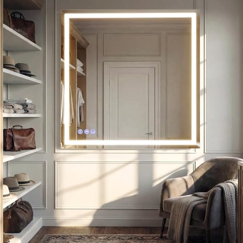 Large Bathroom Mirror with Lights 47 x 47 Inch - 3 Adjustable Lighting Modes Square LED Bathroom Vanity Mirror, Anti-Fog, Memory Function, Tempered Glass, Wall Mounted Horizontally Vertically - size: 47"L x 47"W