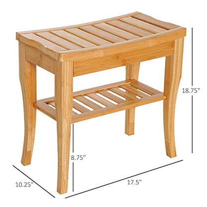 HOMCOM Long Bamboo Shower Bench Seat, 20" Tall Wooden Spa Shower Stool | Underneath Storage Shelf, Shoe Organizer