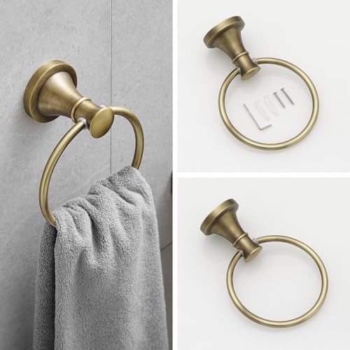 RUMOSE Pivoting Toilet Paper Holder and Hand Towel Ring, Antique Brass | Wall Mount, Bathroom Hardware Accessories 2 PCS Set, Toilet Tissue Roll Holder & Towel Hanger, Rustproof, Stainless Steel - color: Antique Brass