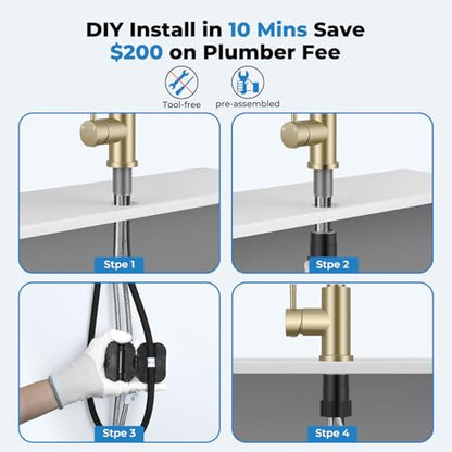VFAUOSIT Kitchen Faucet with Pull Down Sprayer, Brushed Gold High Arc | Cold-Start Safety, 3 Spray Modes, 360° Swivel, cUPC/CEC Certified, Fingerprint-Resistant Finish, Ceramic Disc Valve - color: Gold