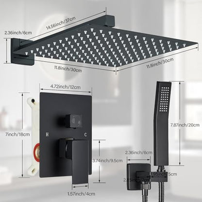 Shower Faucet Matte Black Shower System with 12 Inches Rain Shower Head and Handheld Spray Bathroom Luxury Rain Shower Faucet Set Complete Wall Mounted - color: Matte Black, size: Matte Black-12