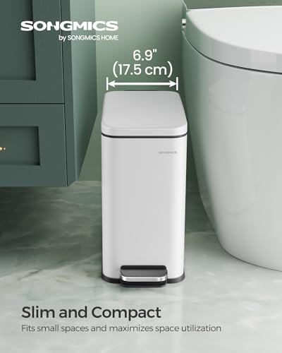 SONGMICS Bathroom Trash Can, 2.6 Gallon (10 L) Small Trash Bin with Lid, Slim for Small Spaces, Stainless Steel Garbage Can, Soft Close, White ULTB561W10 - color: White, style: 2.6 Gal.