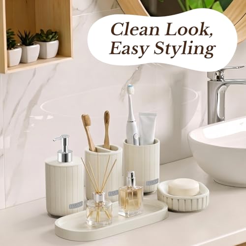 Bathroom Accessories Set 5 Piece, Cream Bathroom Set with Soap Dispenser, Soap Dish, Bathroom Vanity Tray, Toothbrush Holder and Toothbrush Cup, Modern Bathroom Accessory Set for Countertop